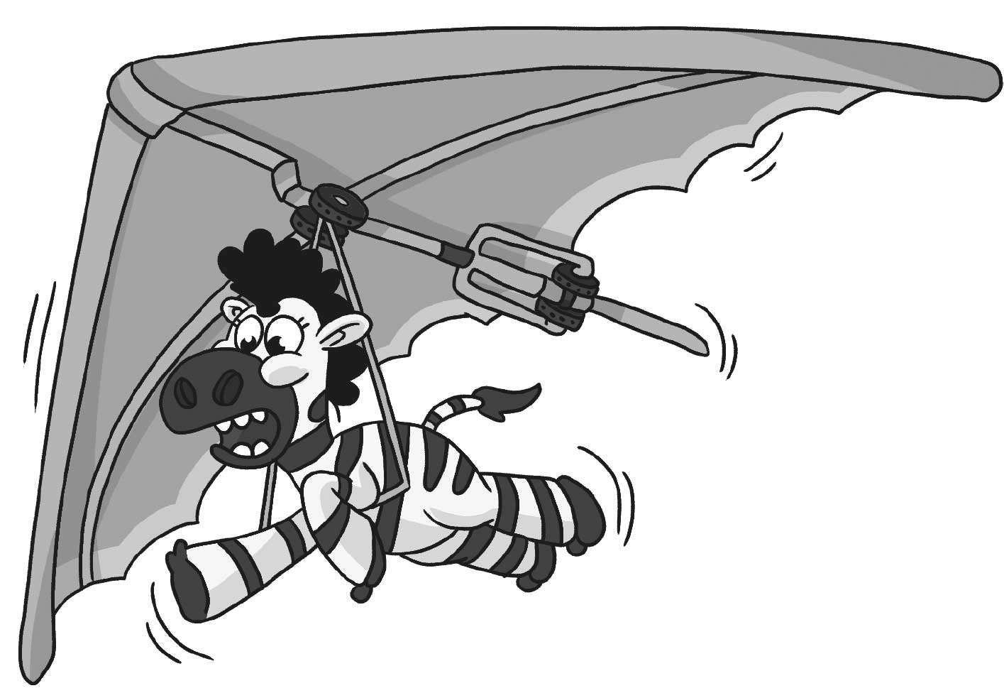 Ilustración de una cebra volando en ala delta.