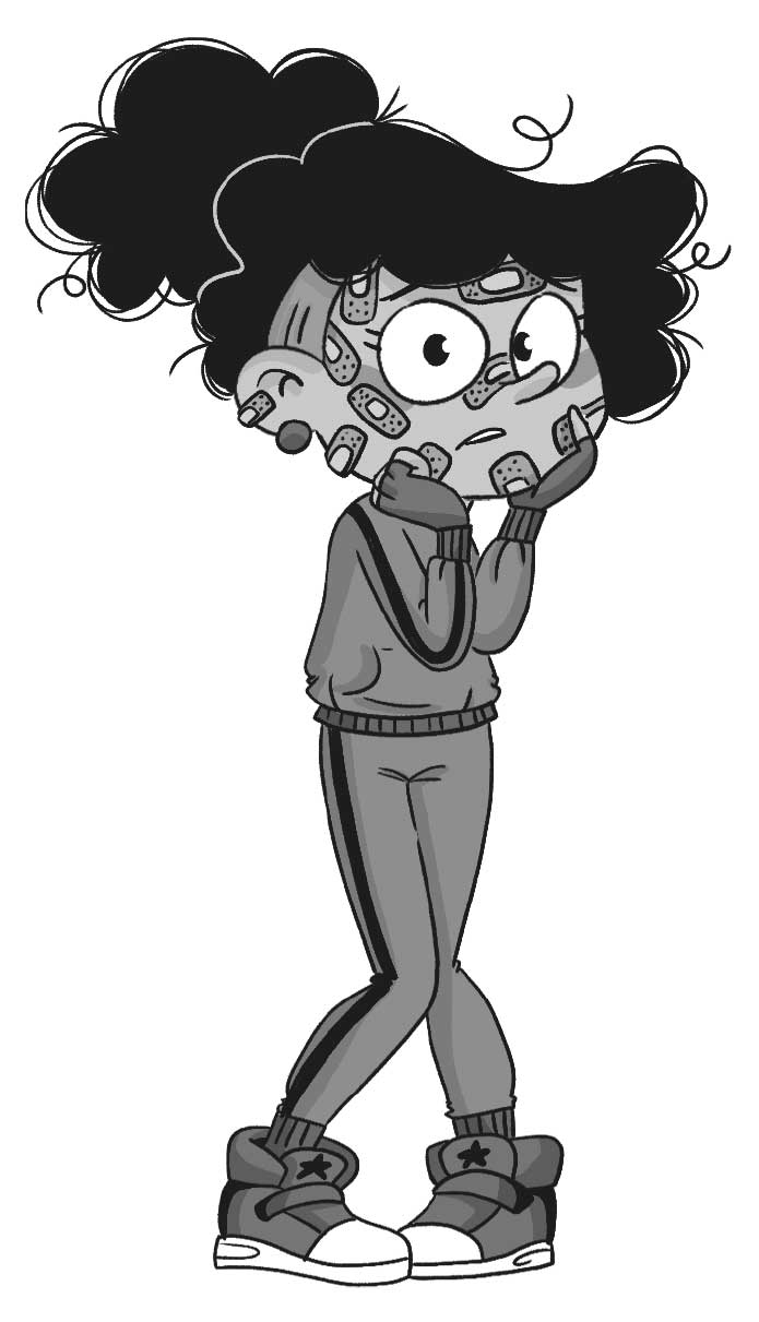 Ilustración de una chica en chándal con la cara llena de tiritas.