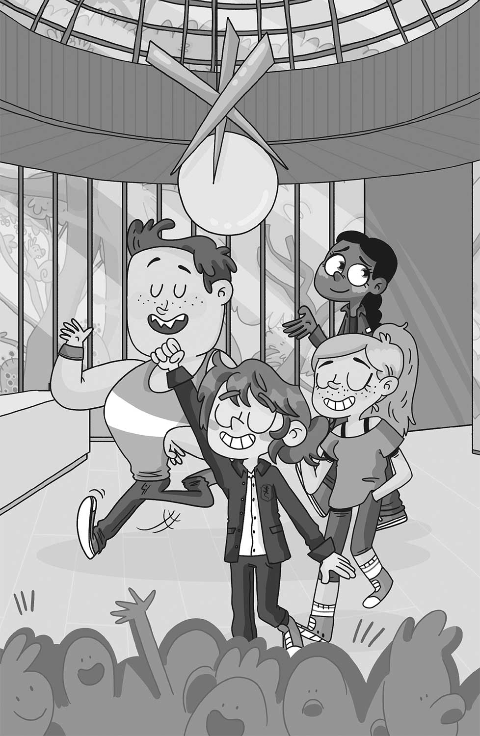 Ilustración de un grupo formado por dos chicos y dos chicas en medio de un espacio acristalado sonriendo. Delante de ellos hay mucha gente vitoreándolos.