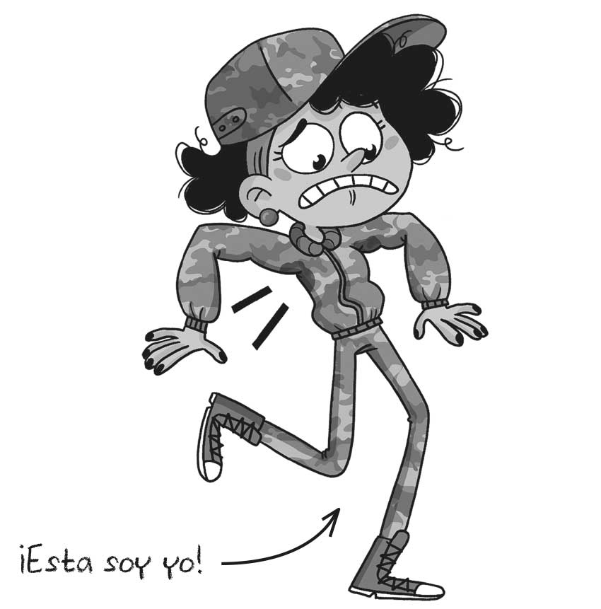 Esta soy yo. Ilustración de una chica que viste con un chándal y una gorra con estampado militar. Tiene unos grandes ojos, la mirada baja, los dientes apretados, el pelo negro y rizado y le cae un moco de la nariz.