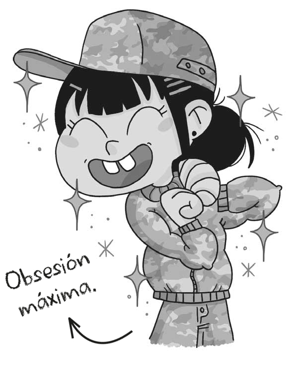 Obsesión máxima. Ilustración de una chica con un chándal y una gorra con estampado militar. Tiene una gran sonrisa que muestra sus dos paletas. Tiene los ojos cerrados y el pelo liso y negro atado en una coleta.
