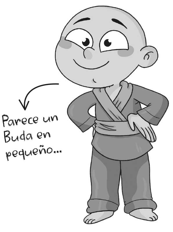Parece un Buda en pequeño... Ilustración de un niño con túnica, lleva el pelo rapado y luce dos grandes ojos y una sonrisa. Va descalzo.