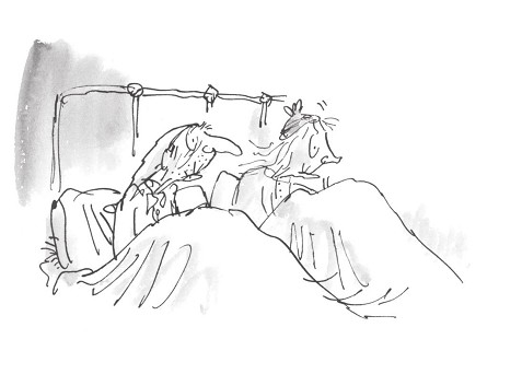 Ilustración de un anciano y una anciana en la cama.