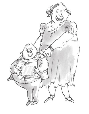Ilustración de un niño con un papel dorado en la mano y una mujer. Ambos son gordos y tienen una gran sonrisa.