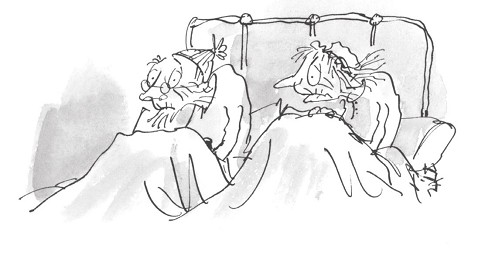 Ilustración de un anciano y una anciana en la cama.