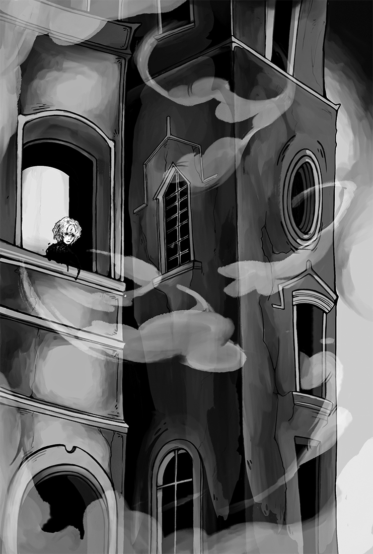 Ilustración de la fachada de un edificio alto con varias ventanas y balcones de diferentes formas distribuidos a lo largo del muro; en un balcón situado en la parte superior izquierda, una persona de cabello corto y claro se asoma al exterior apoyada sobre la barandilla y dirige la mirada hacia abajo; alrededor de la fachada se extienden bandas ondulantes que evocan niebla o humo y envuelven parcialmente el edificio, mientras las ventanas inferiores permanecen abiertas y oscuras.