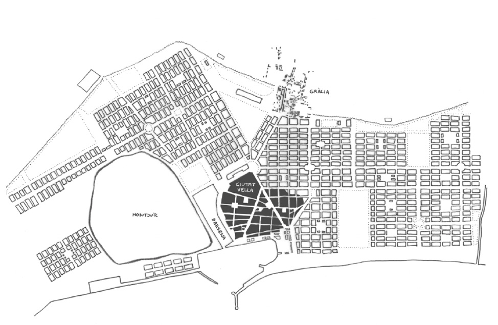 Plànol de Barcelona amb la proposta de Francesc Soler. Els carrers i barris estan dissenyats en línia recta, organitzats de manera ordenada.