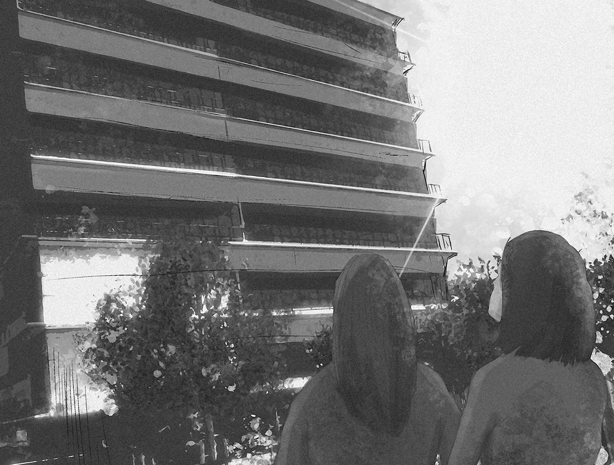 Ilustración de dos personas de espaldas frente a un edificio.