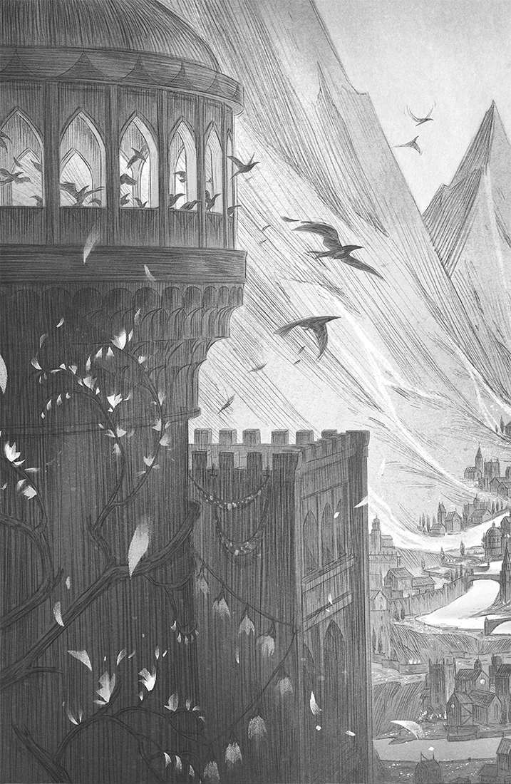 Primera parte de la ilustración en tonos negros, blancos y grisáceos. Representa la ciudad de Yscalin, construida sobre un gran despeñadero. Destaca una gran cúpula de la cual emergen serínes, aves que sobrevuelan la ciudad.