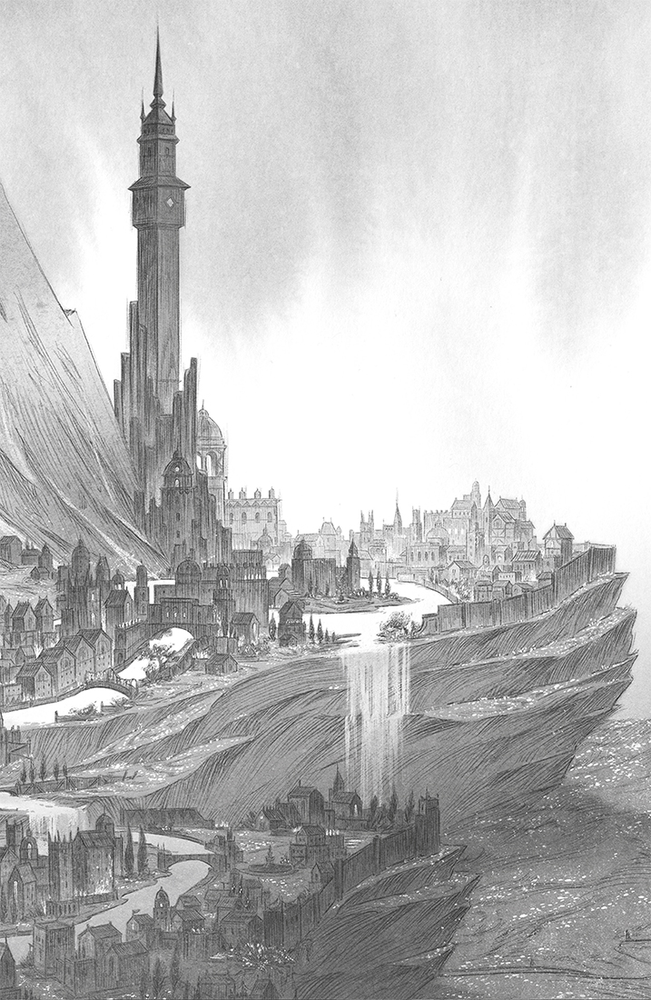Segunda parte de la ilustración en tonos negros, blancos y grisáceos. Representa la ciudad de Yscalin, construida sobre un gran despeñadero. Destaca una gran torre, que representa el palacio de la Salvación.