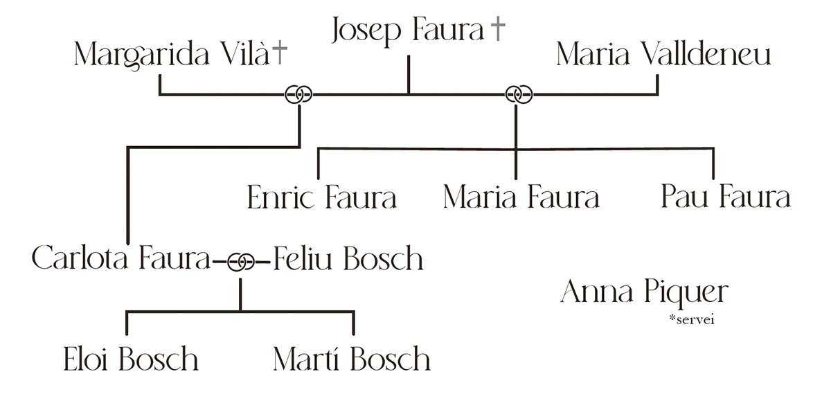 Arbre genealògic amb disposició jeràrquica que mostra relacions familiars entre diverses persones. A la part superior apareixen Margarida Vilà i Josep Faura amb una creu indicant defunció, units com a parella, i a la dreta Maria Valldeneu com a parella de Josep Faura, d’aquesta generació descendeixen Enric Faura, Maria Faura i Pau Faura. Enric Faura apareix unit com a parella a Carlota Faura, que al seu torn està vinculada amb Feliu Bosch, i d’aquesta relació descendeixen Eloi Bosch i Martí Bosch situats a la part inferior. A la dreta de Maria Faura figura Anna Piquer amb l’anotació servei, sense descendència indicada.