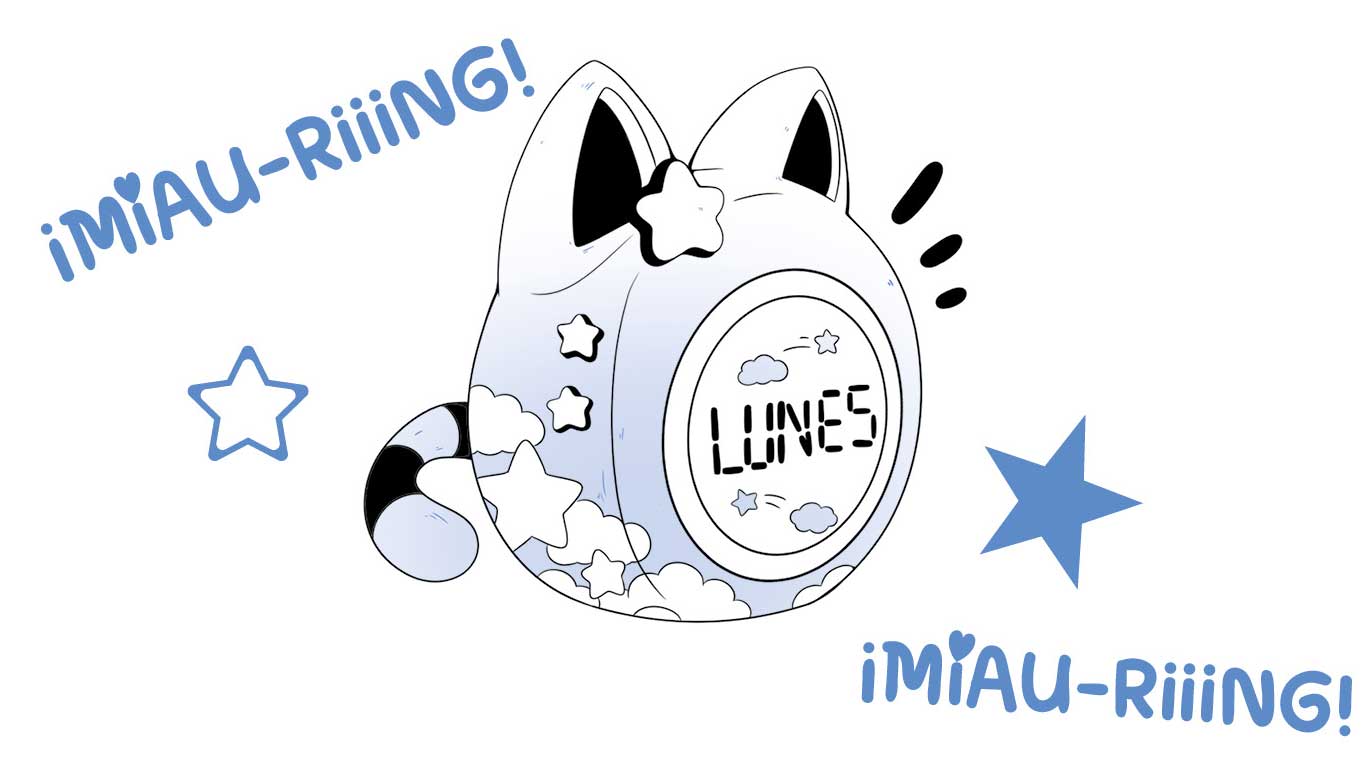 Ilustración de un despertador con forma de gato en el que pone «LUNES».