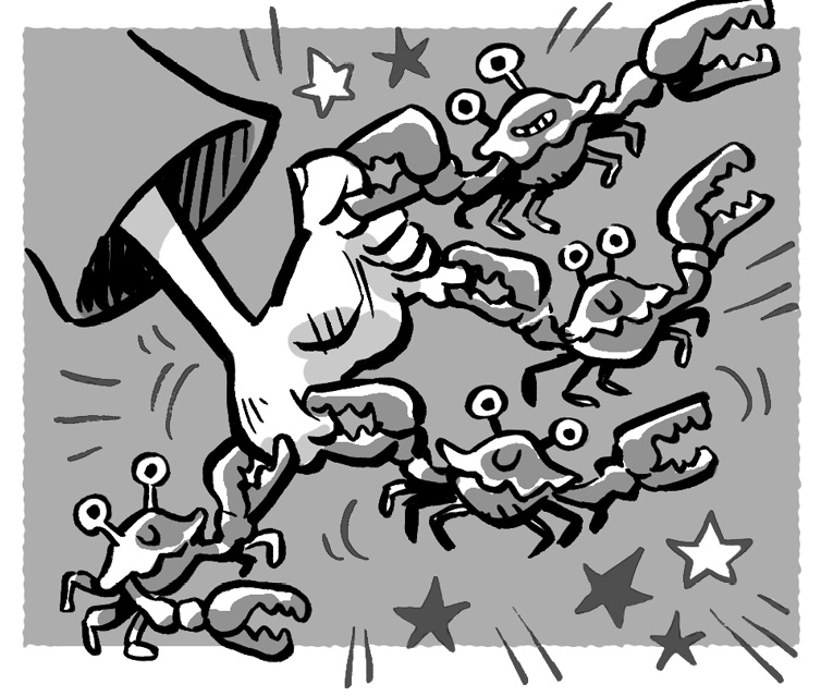 Ilustración de cuatro cangrejos pellizcando un pie.
