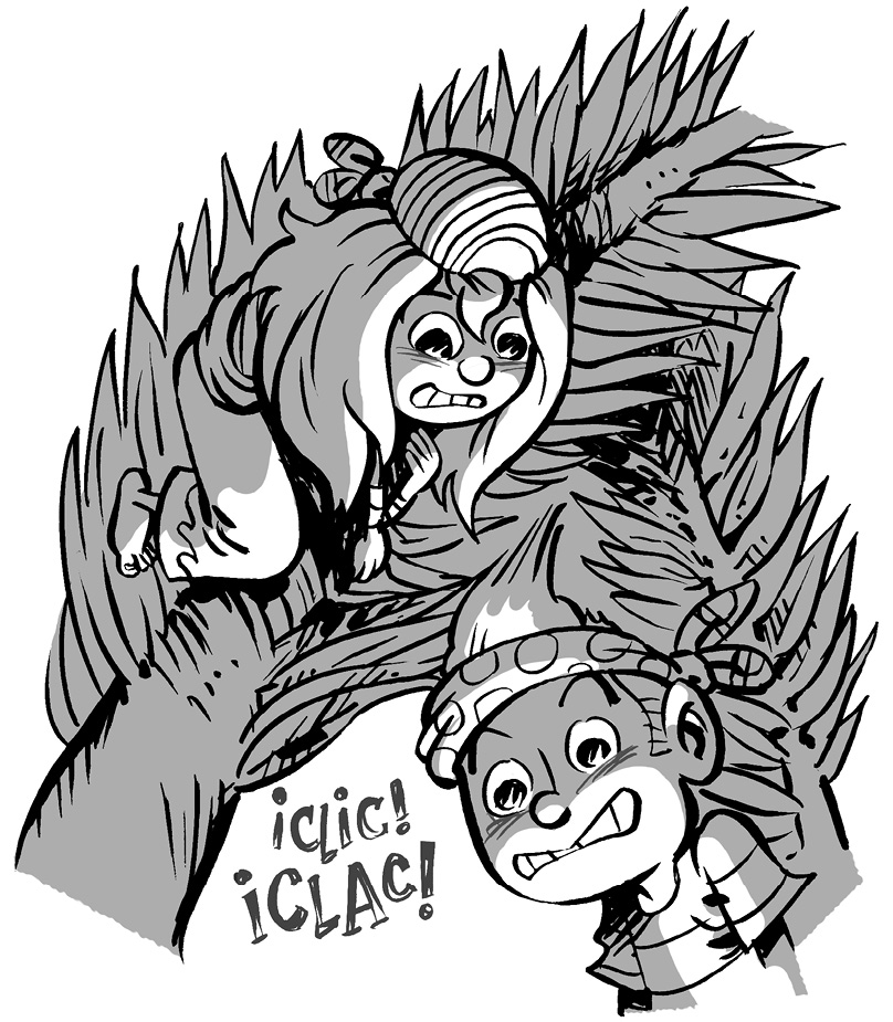 Ilustración de una niña subida a un árbol. A su lado, de pie, hay un niño con los ojos muy abiertos y los dientes apretados.