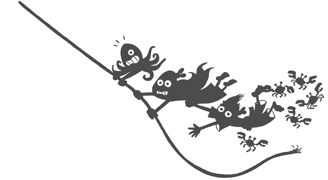 Ilustración de un pulpo, una niña y un niño agarrados a una cuerda. Unos cangrejos le pellizcan un pie al niño.