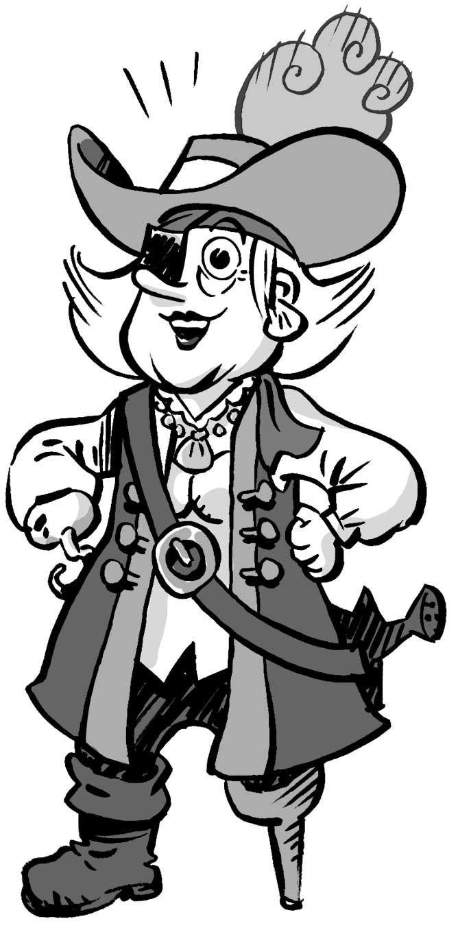 Ilustración de una pirata con una pierna de palo, un gancho en la mano, un parche en el ojo, un gran sombrero de alas con una pluma y una espada al cinto.