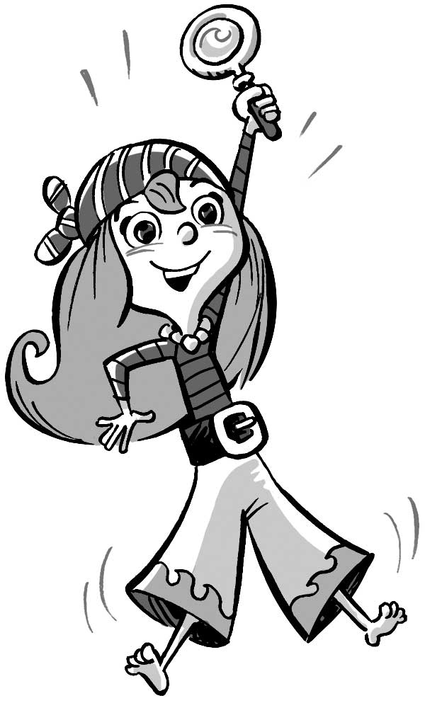 Ilustración de una niña vestida de pirata con un pañuelo en la cabeza y el pelo muy largo. Lleva una lupa en una mano y luce una gran sonrisa.