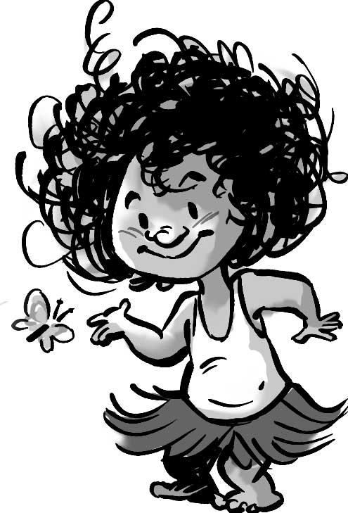 Ilustración de una niña pequeña con el pelo oscuro y revuelto. Está mirando a una mariposa que revolotea delante de ella con una sonrisa.