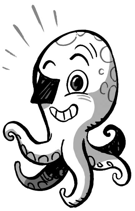 Ilustración de un pulpo sonriendo con un parche en un ojo.