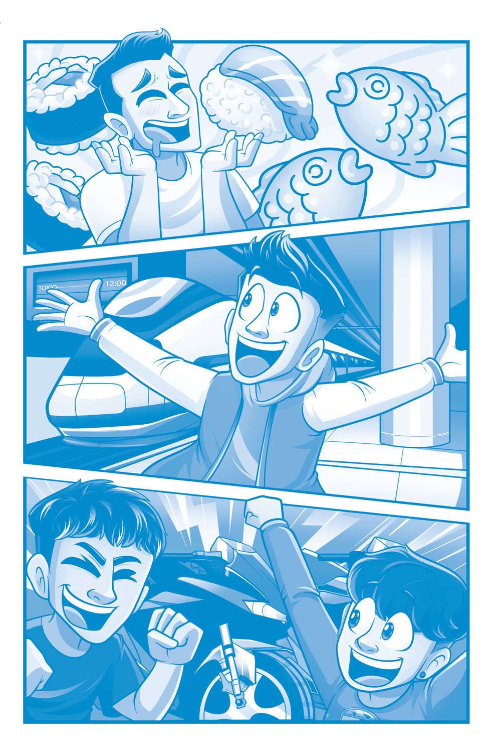 Tira de tres ilustraciones: en la primera hay un chico con los ojos cerrados y babeando ante dos makis, sushi y dos peces; en la segunda un chico alza los brazos al acercarse un tren a la estación, y en la tercera dos chicos cierran los puños con grandes sonrisas ante dos motos de gran cilindrada.