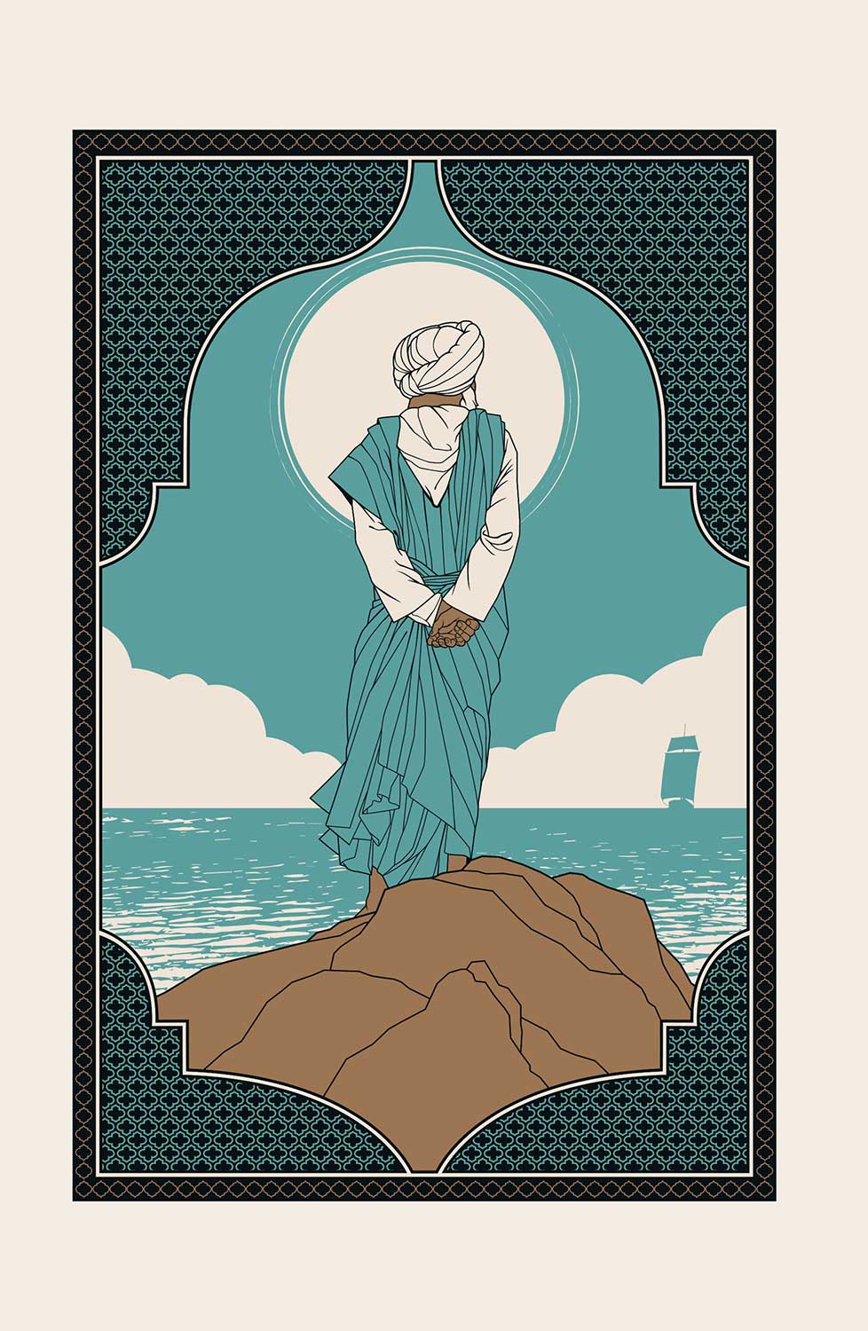 Ilustración del profeta de pie sobre unas rocas frente al mar, con túnica y turbante, orientado hacia el horizonte donde se distingue un barco a vela. Un marco ornamental rodea la composición.