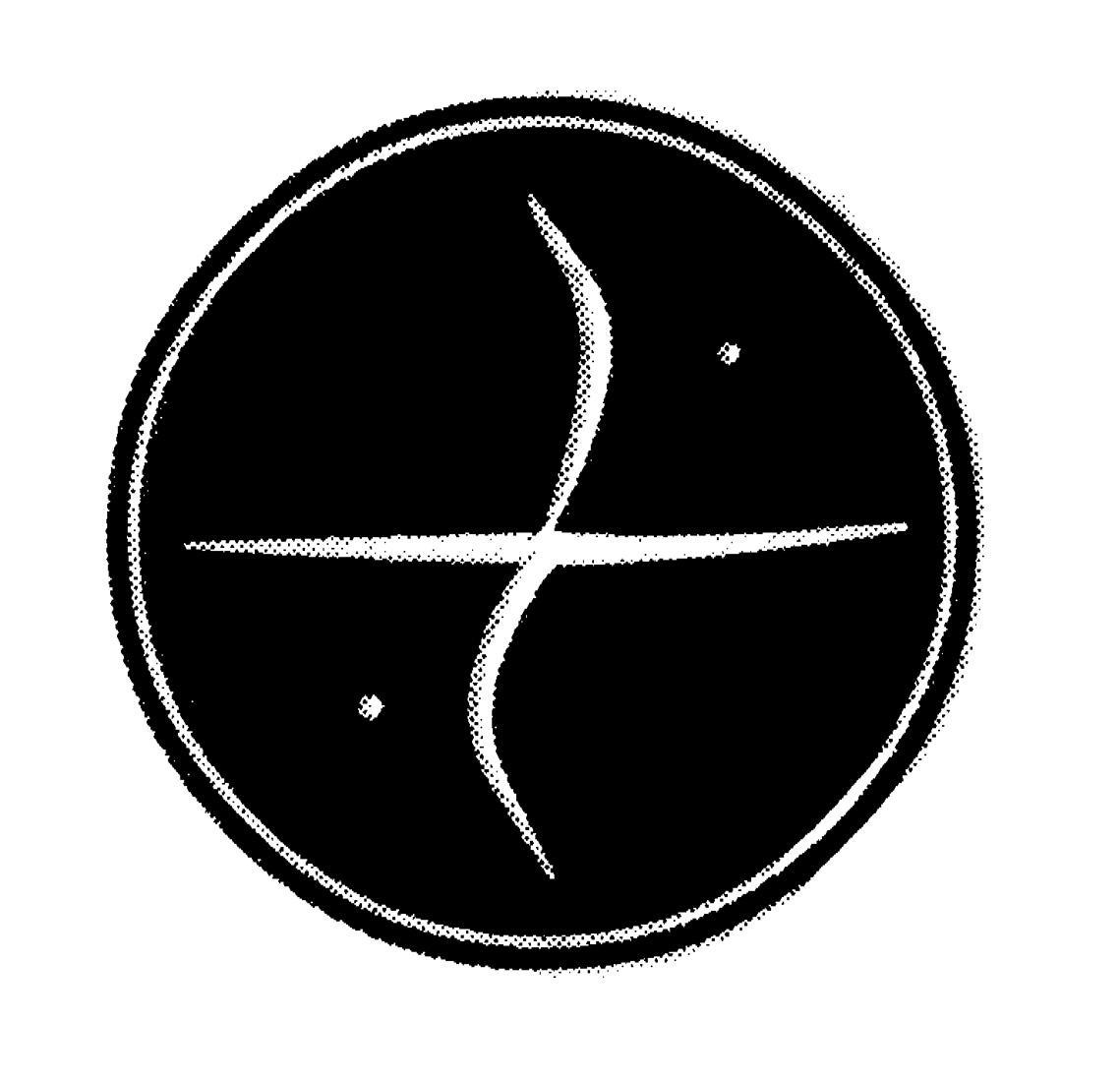 Símbolo circular en blanco sobre negro que representa el aon Edo, una figura compuesta por una línea recta horizontal y otra curva vertical que la cruza por el centro, además de puntos al noreste y sudoeste.