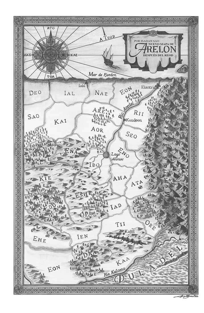 Mapa en blanco y negro de aspecto antiguo, creado por Isaac Stewart, que representa el país de Arelon. Limita al norte con el mar de Fjorden, al este con las montañas Atad, al sur con el reino de Duladel y no vemos su frontera occidental. El país está dividido en regiones más o menos rectangulares, aunque son de distintos tamaños y sus fronteras parecen orgánicas, no trazadas con tiralíneas. Todas las regiones tienen nombres de tres letras, como Nae, Kai o Aha, salvo Eshe, que tiene cuatro. El país es más o menos plano, pero tiene una zona de colinas al oeste. Más o menos en su centro está el lago Alonoe, del que nace el río Aredel, que fluye hacia el norte y atraviesa la ciudad de Elantris poco antes de desembocar en el mar. El título del mapa reza: «Por Isadan Sao. Nuevo mapa de Arelon después del Reod».