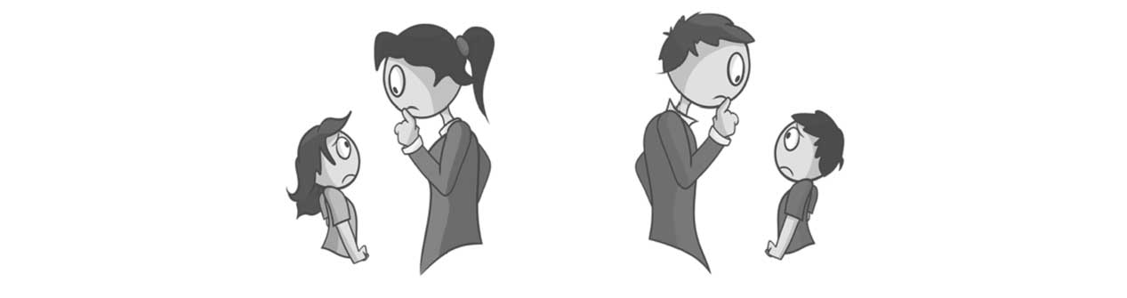 Ilustración de personas adultas haciendo el señal de silencio con el dedo índice mientras el hijo o hija los mira con expresión asustada y arrepentida.