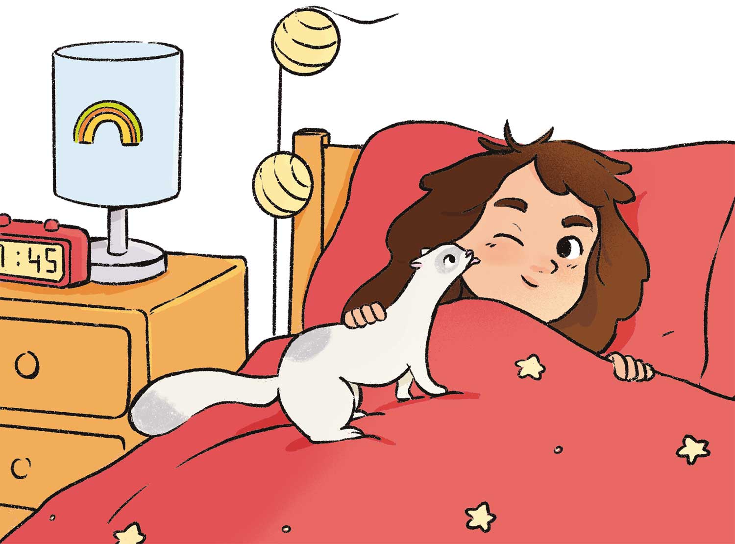 Ilustración de una niña tumbada en la cama a la que una hurona le lame la mejilla. En la mesilla de noche hay un despertador que marca las 7.45.