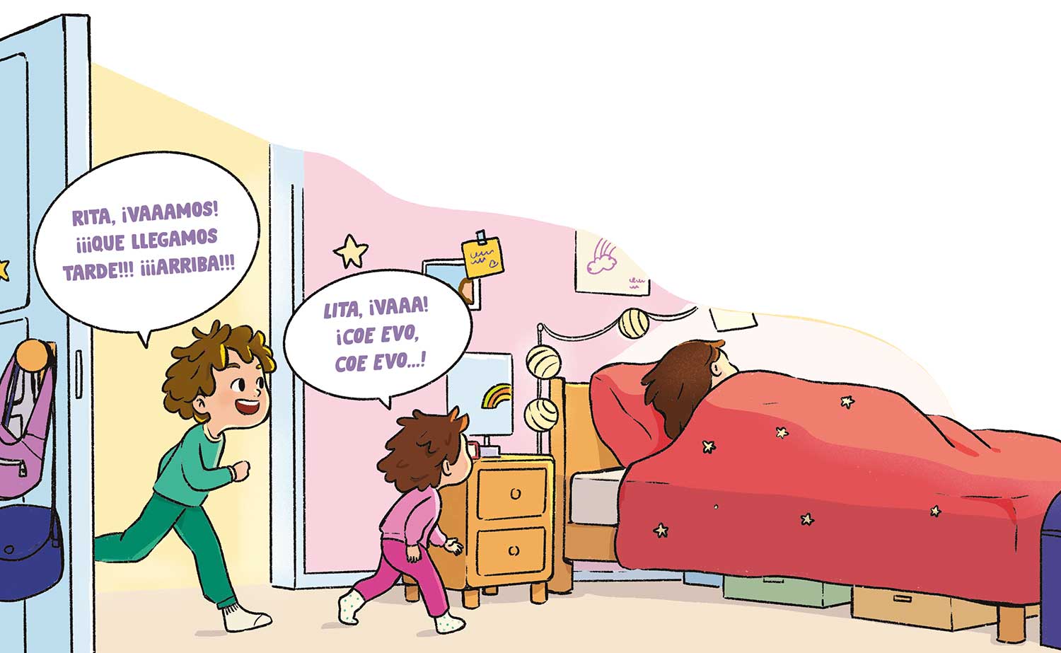 Ilustración de un niño y una niña pequeña entrando en una habitación donde hay una niña tumbada en la cama. El niño dice «RITA, ¡VAAAMOS! ¡¡¡QUE LLEGAMOS TARDE!!! ¡¡¡ARRIBA!!!» y la niña pequeña a su vez: «LITA, ¡VAAA! ¡COE EVO, COE EVO…!».