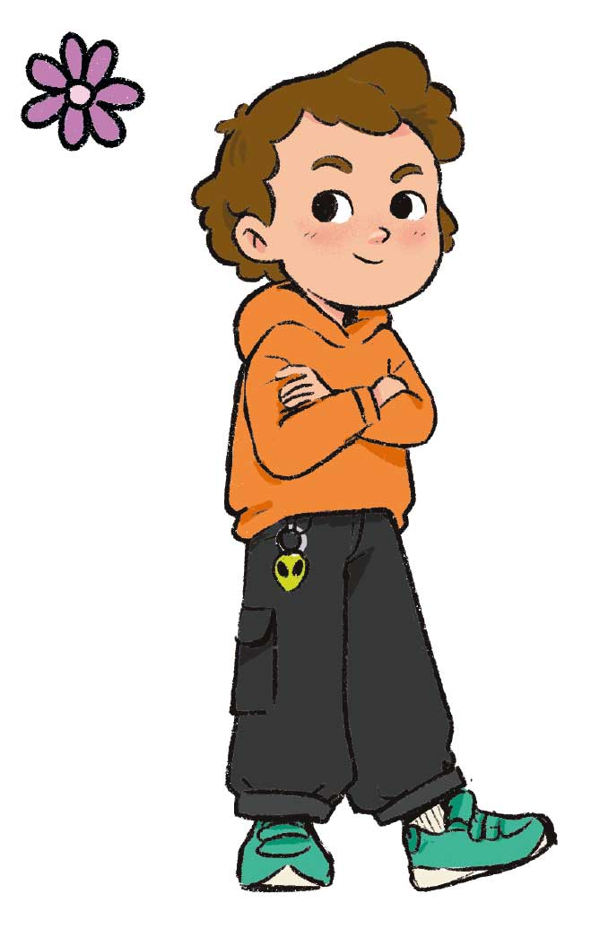 Ilustración de un niño con pantalón ancho y sudadera. Tiene el pelo castaño, los ojos grandes y una sonrisa en el rostro. Está cruzado de brazos.