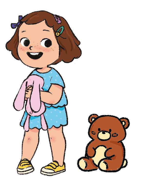 Ilustración de una niña pequeña que tiene un peluche de conejito agarrado. Lleva el pelo castaño cortado por encima de los hombros, sujeto con clips, y sonríe.