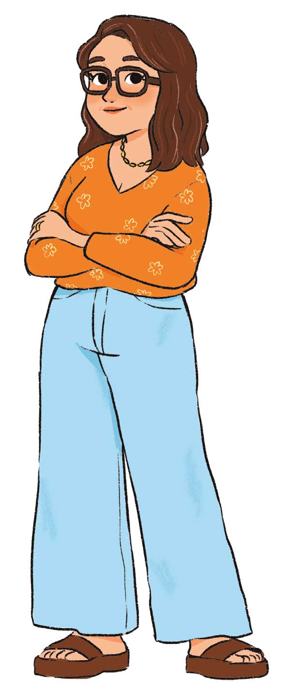 Ilustración de una mujer de mediana edad morena y con gafas marrones. Está sonriendo con los brazos cruzados.