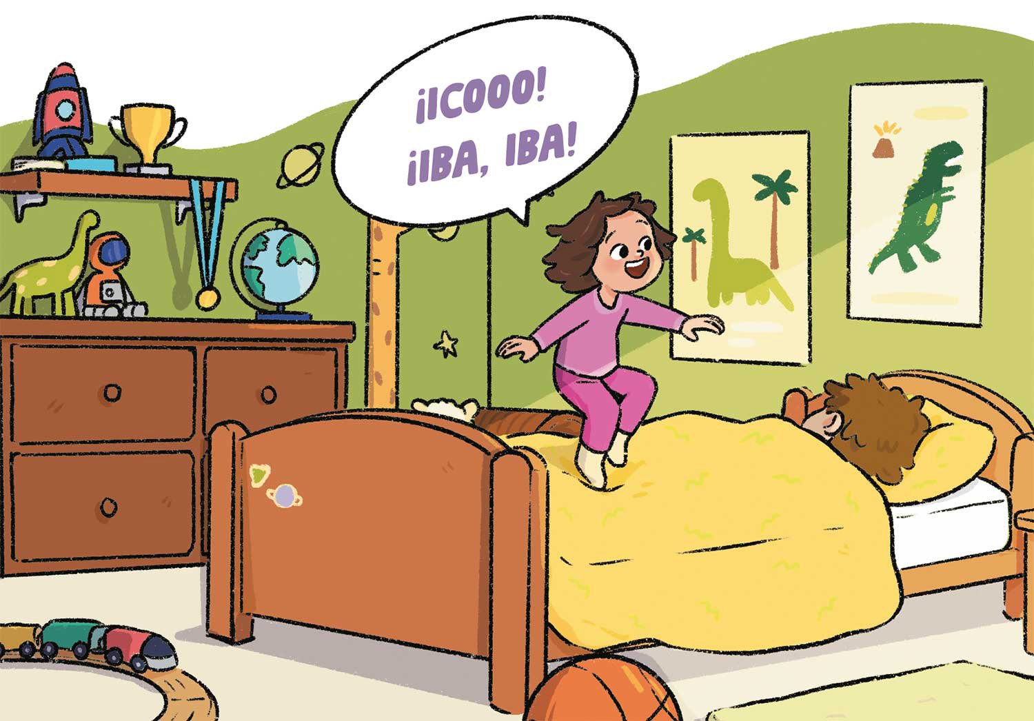 Ilustración de una habitación infantil en la que hay un niño durmiendo en una cama y una niña saltándole encima y diciendo «¡ICOOO! ¡IBA, IBA!». Las paredes están decoradas con dibujos de dinosaurios y hay estantes con medallas, copas y juguetes por el suelo.