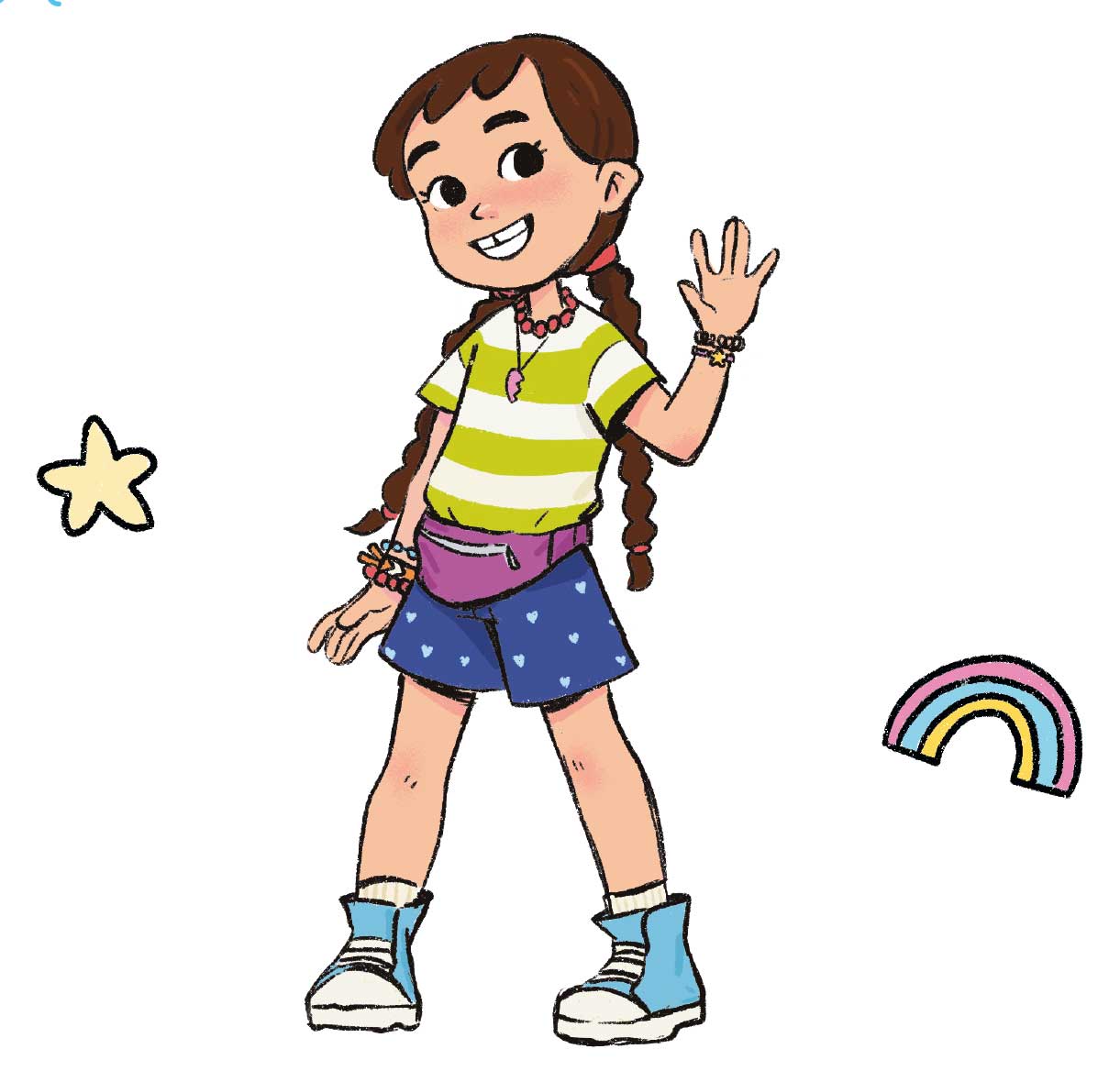 Ilustración de una niña morena con dos trenzas que le llegan a la cintura. Luce una bonita sonrisa y saluda con una mano. Lleva una riñonera, las muñecas adornadas con varias pulseras y dos collares.