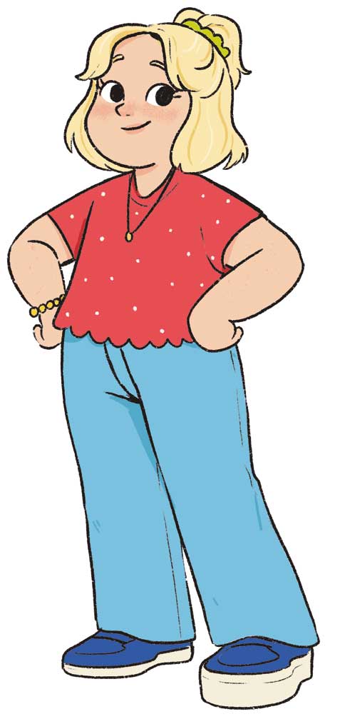 Ilustración de una niña con el pelo rubio y recogido. Tiene las manos en la cadera y media sonrisa.