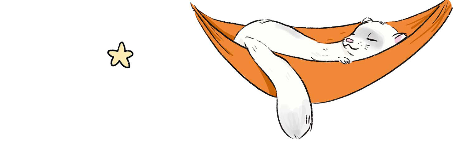 Ilustración de una hurona blanca tumbada en una hamaca.