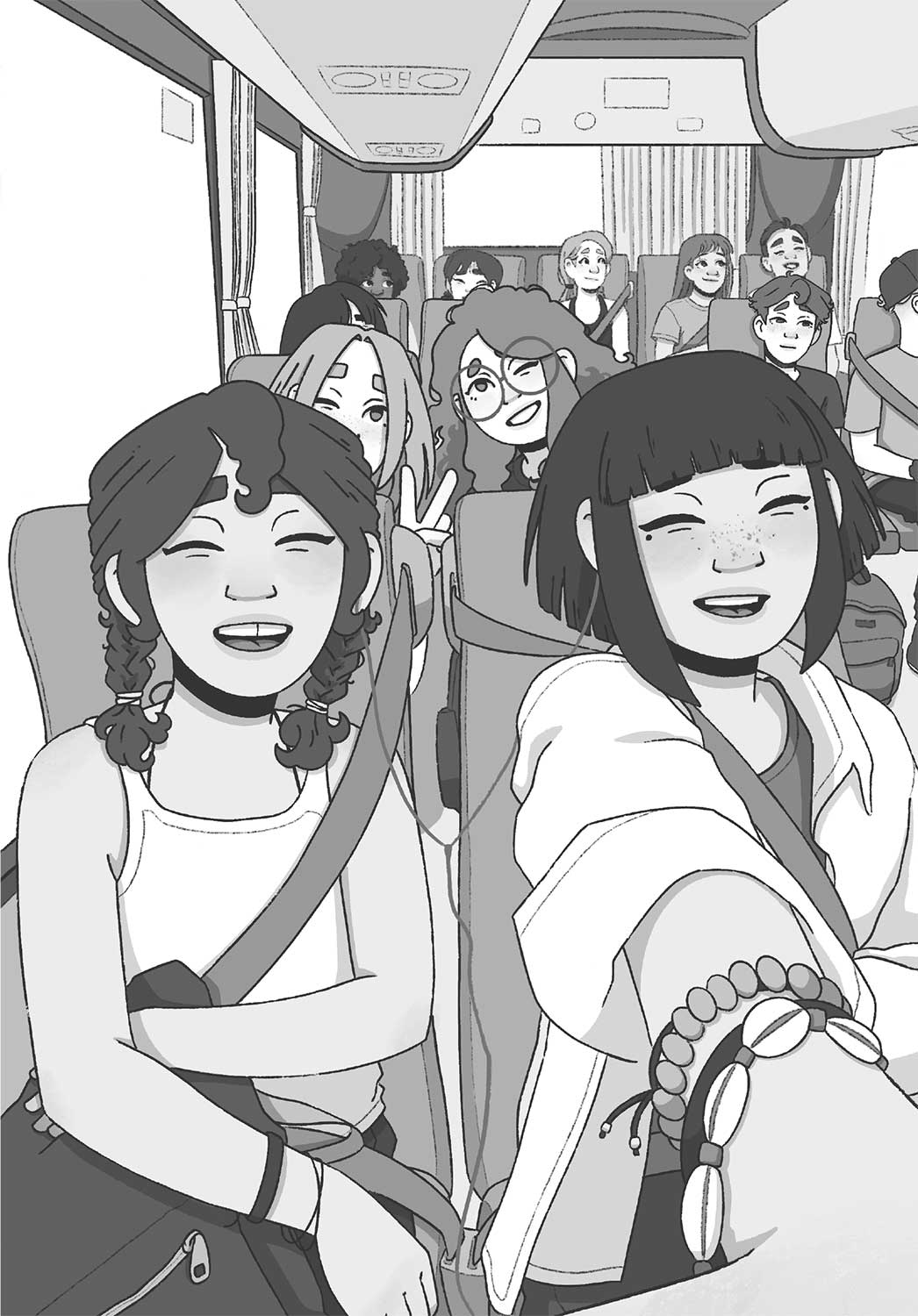 Il·lustració de l’interior d’un autobús ple de nens i nenes somrient. Al davant hi ha tres nenes mirant endavant cap al mateix punt, una d’elles té un braç avançat.