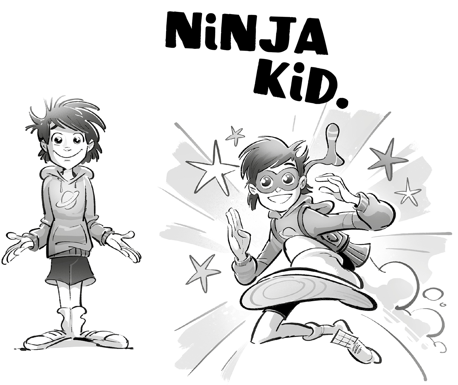 Ilustración en la que aparece el mismo niño en dos momentos distintos: a la izquierda lleva sudadera y tiene los brazos hacia abajo con las palmas hacia arriba, y a la derecha lleva un antifaz y está dando una patada en el aire.