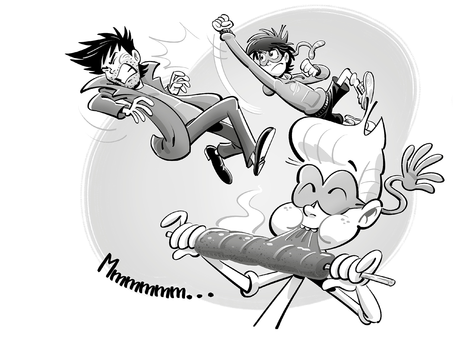 Ilustración de un niño con antifaz propinándole un puñetazo a un hombre mientras un niño rubio con antifaz se come una brocheta.