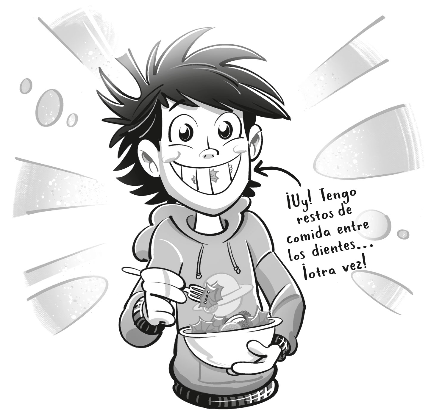 Ilustración de un niño con sudadera comiendo un bol de ensalada. Hay un texto con una flecha hacia sus dientes en el que pone «¡Uy! Tengo restos de comida entre los dientes… ¡otra vez!»