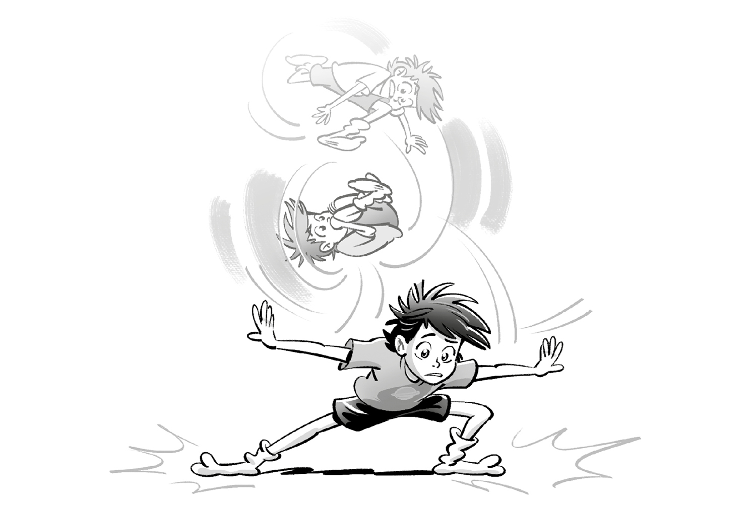 Ilustración de un niño haciendo una voltereta en el aire y aterrizando de pie en el suelo.