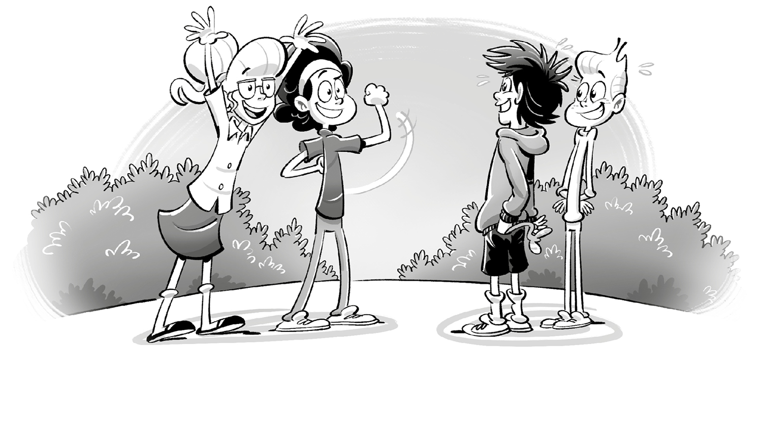 Ilustración de dos niñas y dos niños mirándose de frente y sonriendo en medio de un parque.