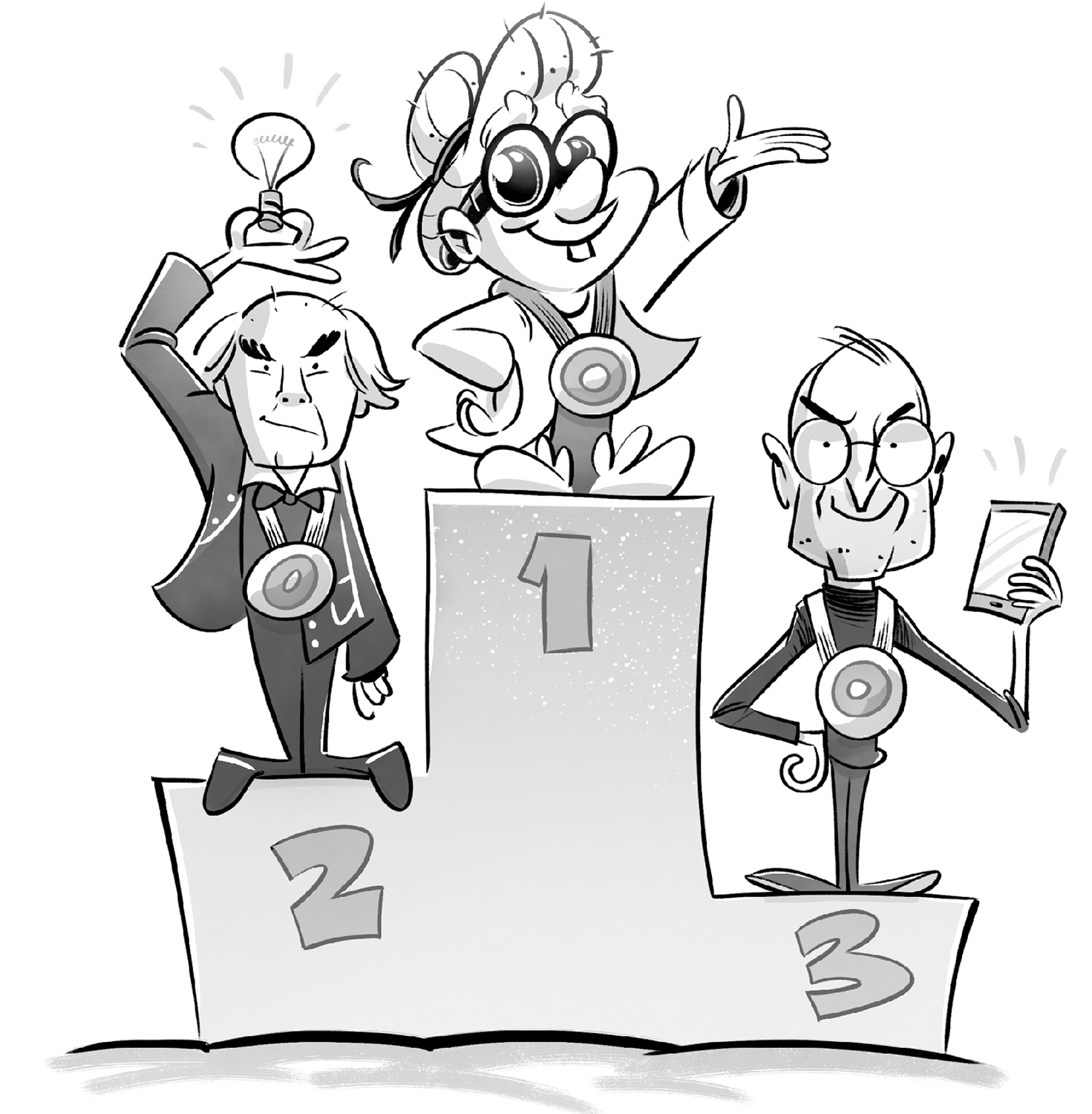Ilustración de un podio en el que hay tres personajes: en el número tres hay un hombre con gafas sujetando una tableta; en el número dos hay un hombre sujetando una bombilla y en el número uno hay una anciana con gafas.