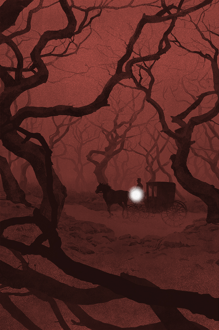 Ilustración de una diligencia en la oscuridad de la noche. En ella hay un hombre tirando de un caballo y del que emana una pequeña e intensa luz. Circulan por un camino en medio de un bosque con árboles sin hojas.