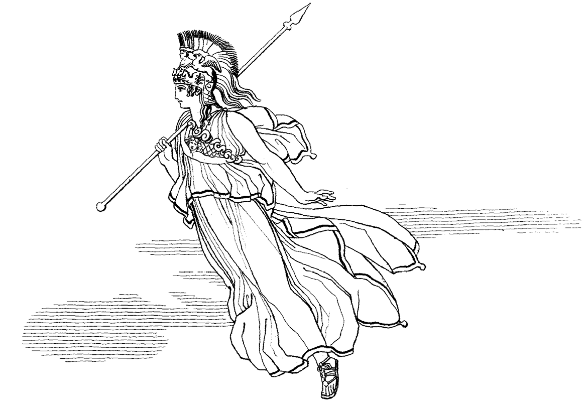 Ilustración de una mujer flotando en el aire y vestida con una túnica y sandalias. Lleva una lanza apoyada en el hombro derecho y en la cabeza lleva un penacho con ornamentaciones.