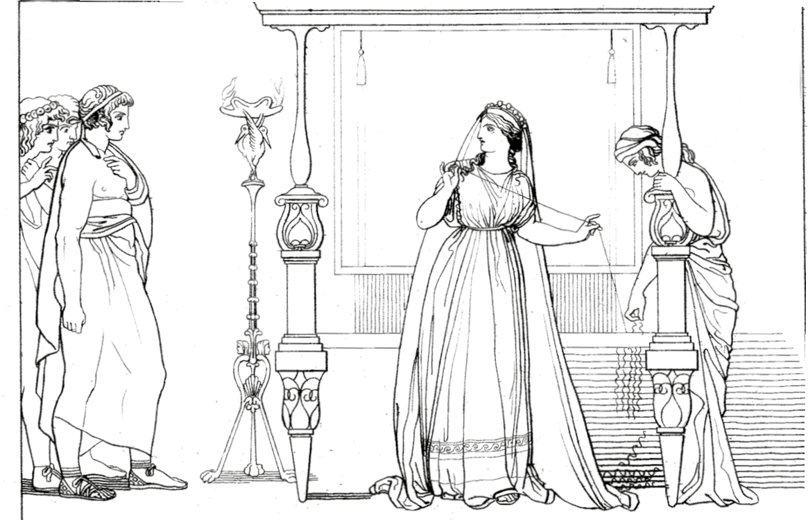 Ilustración de una mujer en medio de una estancia vestida con una túnica y sujetando un hilo ante un telar. A su lado hay una mujer y, un poco apartados, tres hombres también vestidos con túnicas se le acercan.