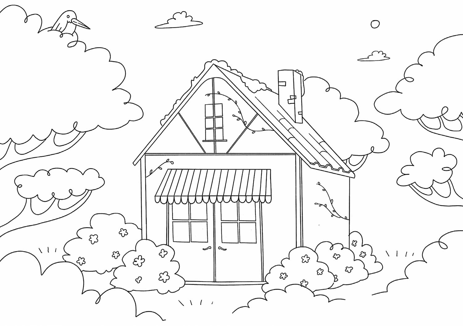 Ilustración de una casa con árboles y arbustos en el exterior