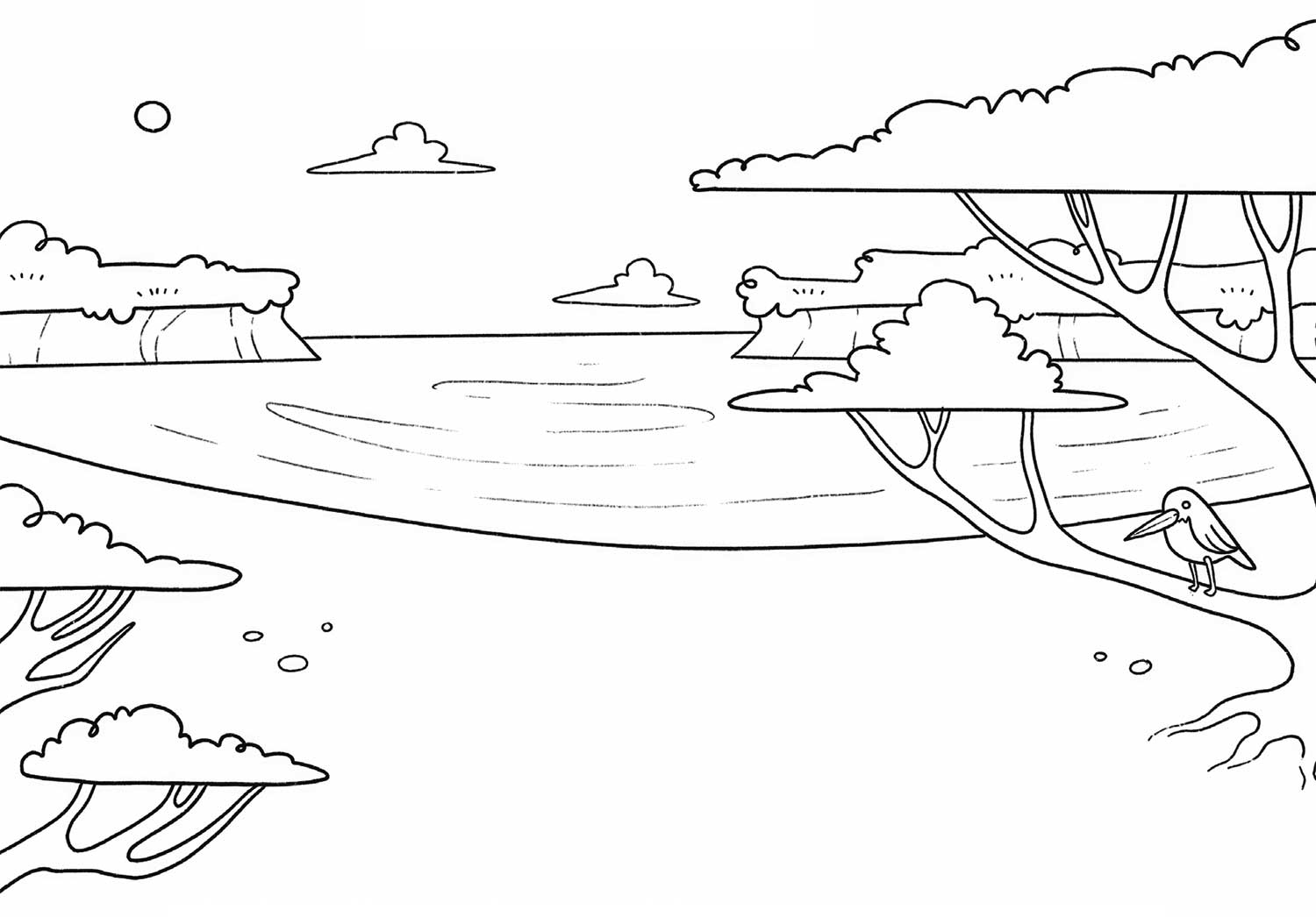 Ilustración de una paisaje de playa con algunos árboles