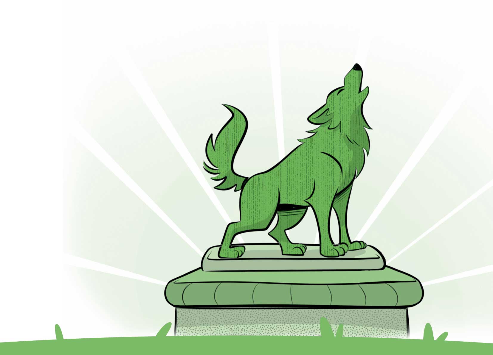 Ilustración de la escultura de un lobo aullando al cielo.